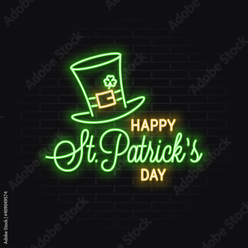 Patricks day neon banner. Neon Patricks green hat