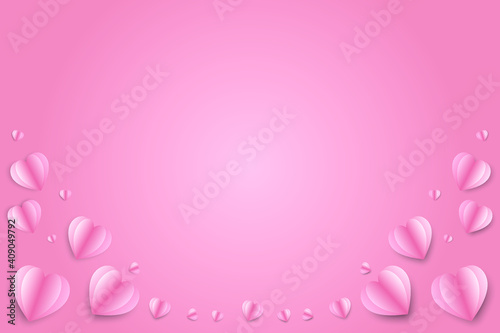 Paper elements in shape of heart flying on pink background. Vector symbols of love for Happy Valentine's Day, birthday greeting card design. © wanniwat