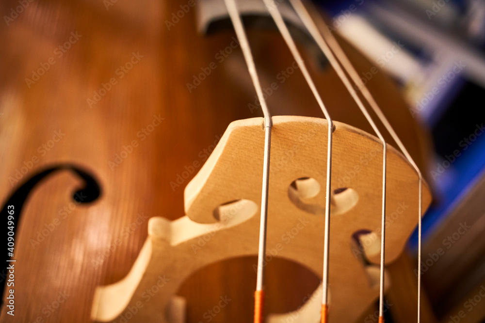 strings of an old contrabass closeup with background strings of an old contrabass closeup with background