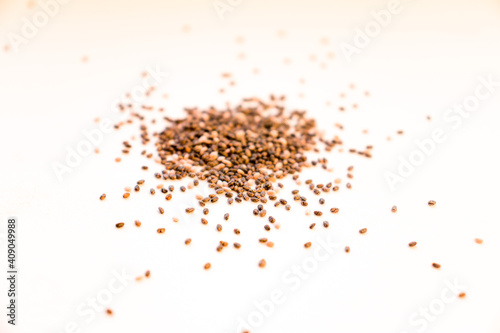 Chia seeds with a top view with space. Seed