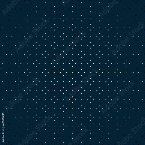 Universal vector seamless pattern. Simple minimalist geometric texture. Abstract dark blue minimal background with small floral shapes, tiny dots. Subtle dark repeat design for decor, print, cover
