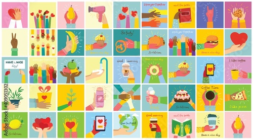 Hand-drawn illustrations of hands holddifferent things, such as smartphone, pizza, ice cream, donut and othersin