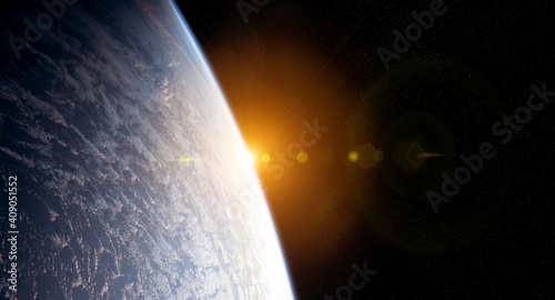Fototapeta Naklejka Na Ścianę i Meble -  View of planet Earth close up with atmosphere during a sunrise 3D rendering elements of this image furnished by NASA
