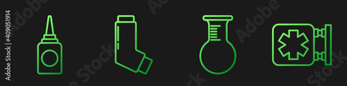 Set line Test tube and flask, Bottle nasal spray, Inhaler and Medical symbol of the Emergency. Gradient color icons. Vector.