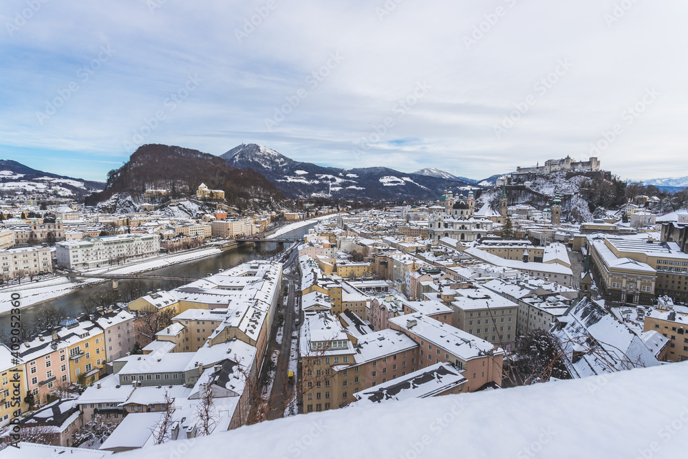 Panorama of Salzburg in winter: Snowy historical center and old city
