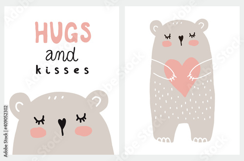 Hugs and Kisses. Cute Valentine's Day Card. Sweet Nursery Vector Art with Lovely Bear With Big Red Heart Isolated on a White Background. Romantic Illustration ideal for Wall Art, Card, Poster.