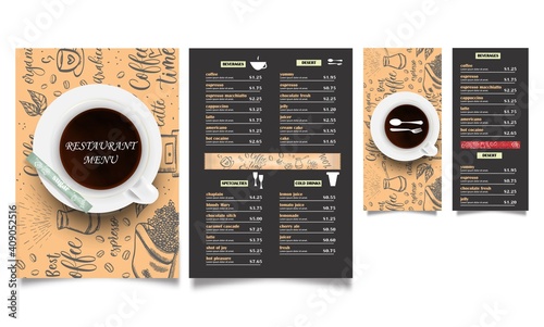 Vector restaurant brochure, menu design from four booklets. Vector cafe template with hand drawn graphics. Food flyer with lucky card.