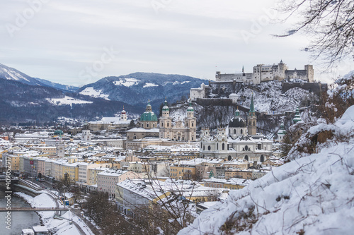 Panorama of Salzburg in winter: Snowy historical center and old city