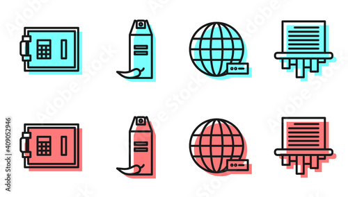 Set line Social network, Safe, Pepper spray and Paper shredder icon. Vector.