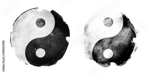 Obraz na plátně Watercolor sigh of In and yang on white. Set
