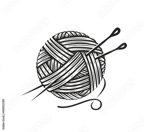 Skein of wool yarn with needles. Knitting, needlework symbol vector illustration