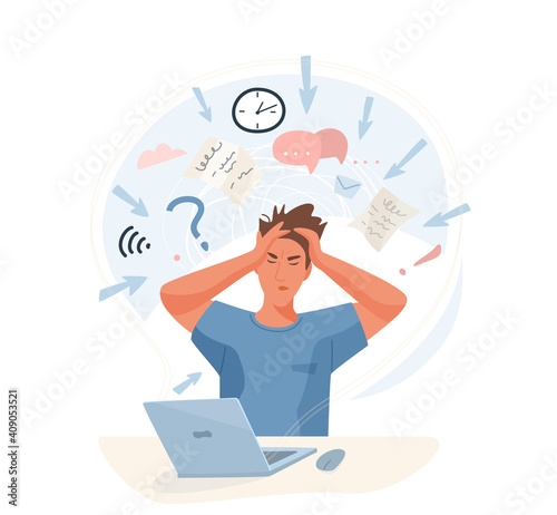 Information overload vector illustration concept. Young man sitting at table in front of computer and hold his head from info data stream pressure. Tangled minds, burnout design isolated on white