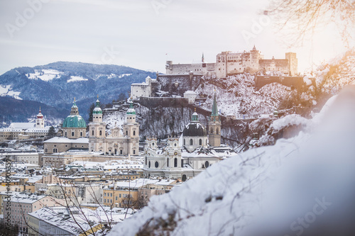 Panorama of Salzburg in winter: Snowy historical center and old city, sunshine