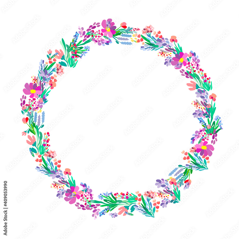 Floral wreath on white background. Bright colorful spring flowers. Vector floral frame template.