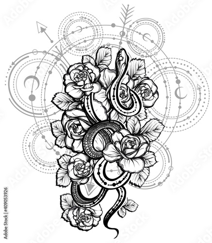 Vector illustration, snake and flowers, astronomical geometry, print on t-shirt, Handmade