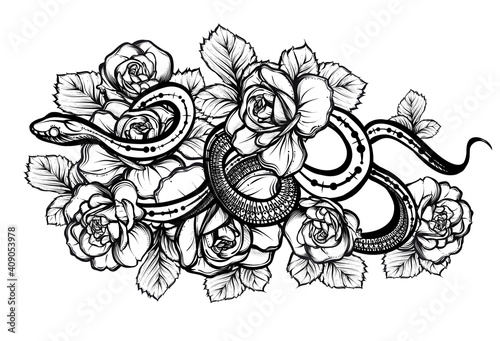 Vector illustration, snake and flowers, tattoo, print on t-shirt, Handmade