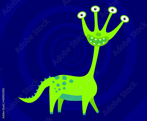 Funny monster vector illustration. Cute cartoon scary funny character. Happy Halloween. Colorful silhouette. Ready design for kids apparel, poster, cards. T-shirt design. Flat design. 