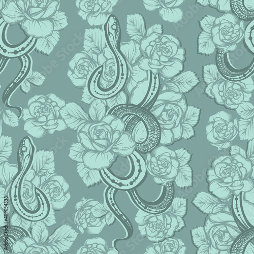 Vector illustration, snake and flowers, astronomical geometry, Handmade, seamless pattern, gray green background