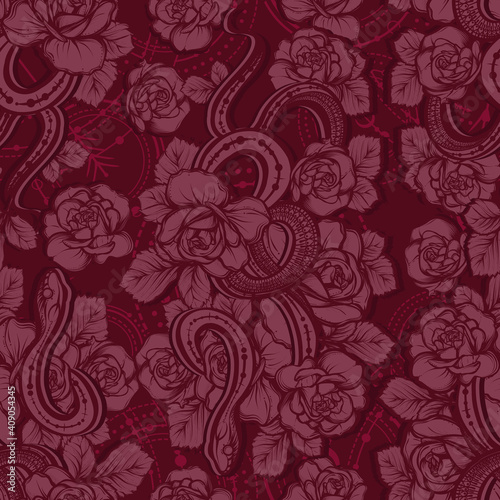 Vector illustration, snake and flowers, astronomical geometry, Handmade, seamless pattern, burgundy background