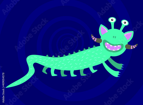 Funny monster vector illustration. Cute cartoon scary funny character. Happy Halloween. Colorful silhouette. Ready design for kids apparel, poster, cards. T-shirt design. Flat design. 