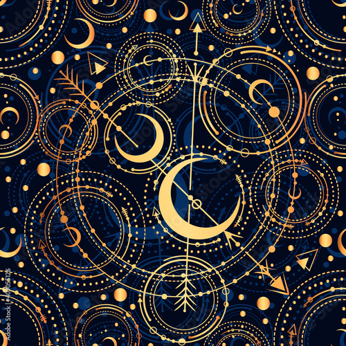 Vector illustration, astronomical geometry, moon, stars, Handmade, seamless pattern, blue background