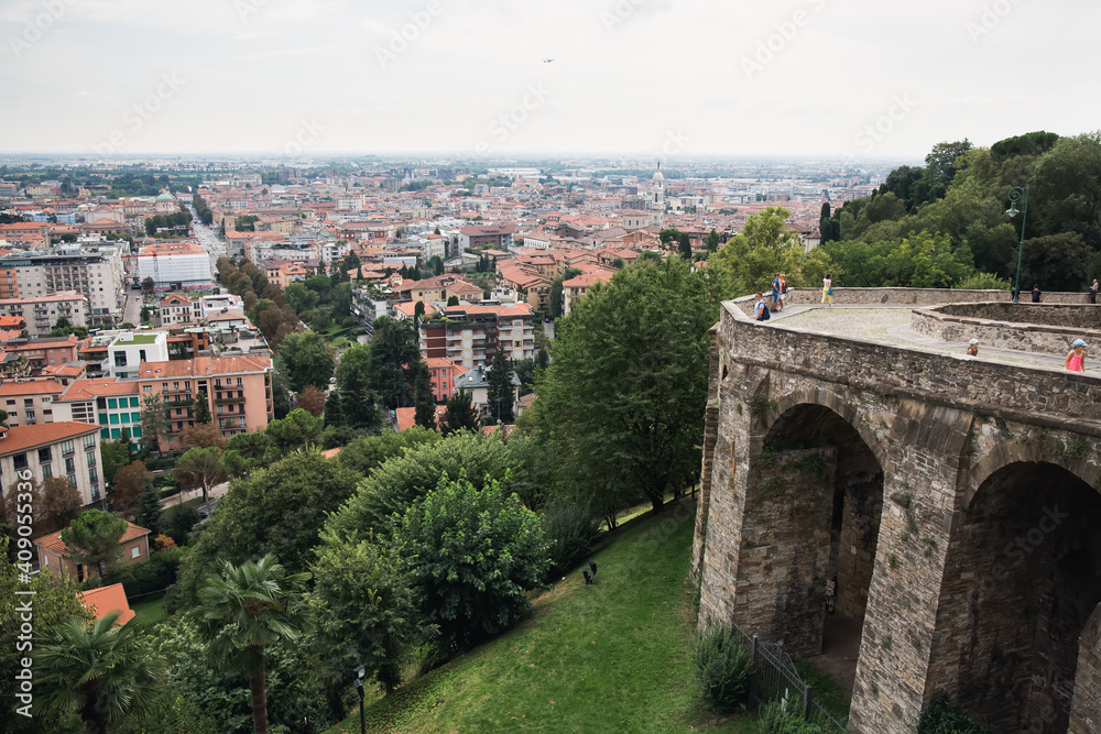 Observation deck, view of old town of Bergamo.