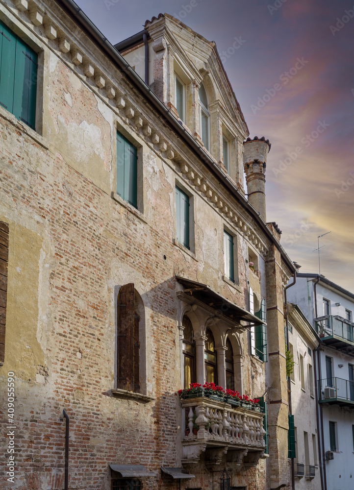Brick facade of a historic building in Treviso, Italy 