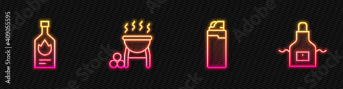 Set line Lighter, Tabasco sauce, Barbecue grill and Kitchen apron. Glowing neon icon. Vector.