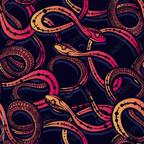 Vector illustration, snakes, seamless pattern, dark blue background, Handmade