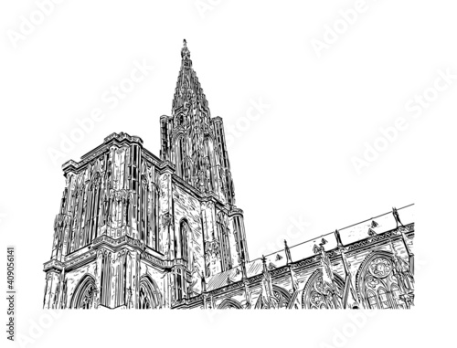 Building view with landmark of Strasbourg is the
city in France. Hand drawn sketch illustration in vector.