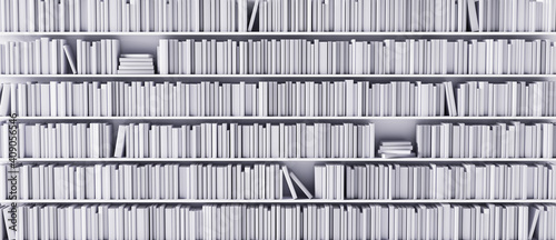 White bookshelves in the library with white books 3d render 3d illustration photo