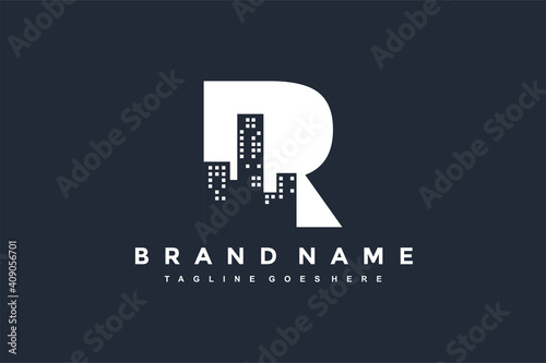 initial R logo city building