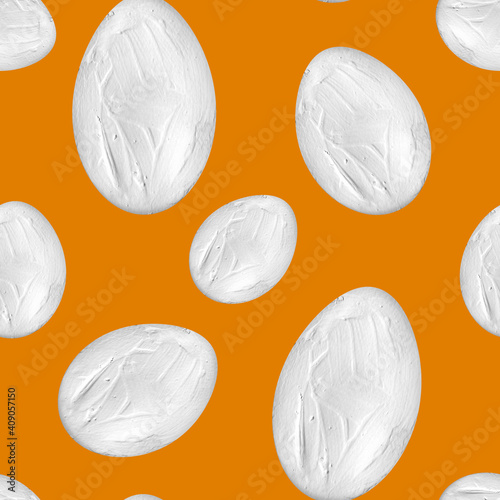 Easter egg with white acrylic paint on bright orange background. Template for decorating designs and illustrations. 