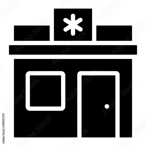 Building with medical sign, clinic icon