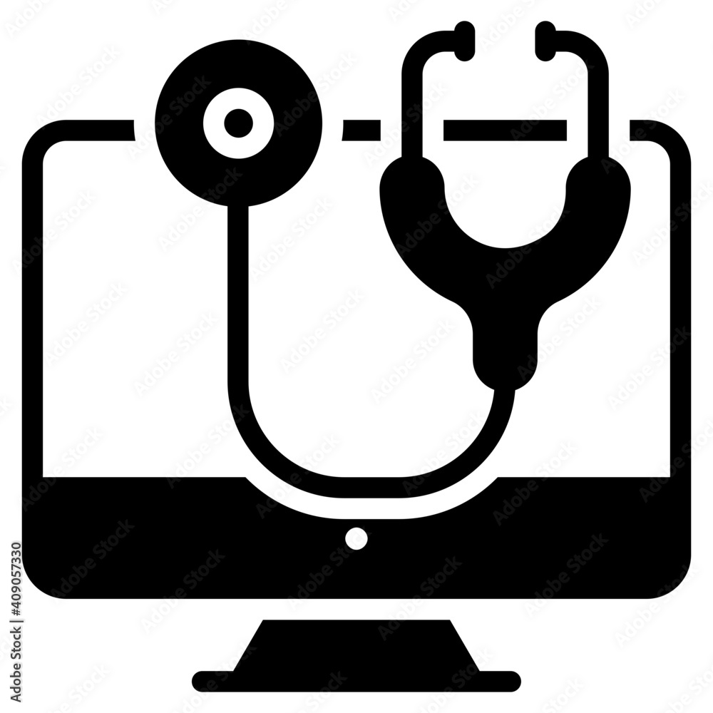 Stethoscope inside monitor, online check up icon Stethoscope inside monitor, online check up icon