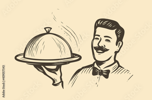 Waiter holding a tray. Restaurant, food concept sketch vintage vector illustration