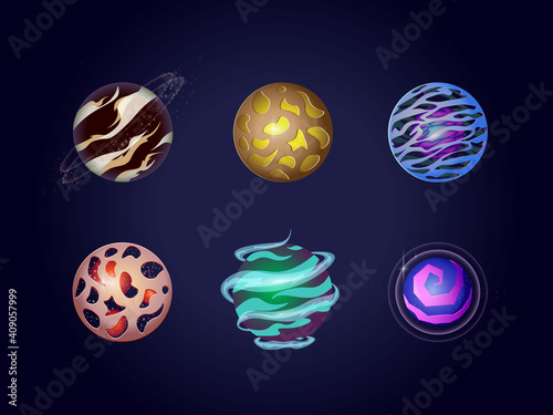 Fantasy colorful planets set. Colorful different planets space universe, astronomy cosmic objects cosmic galaxies fantastic world.