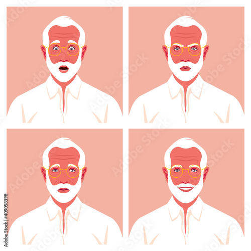 Set of faces of elderly businessman. Grandfather's avatars with different facial expressions. Vector flat illustration