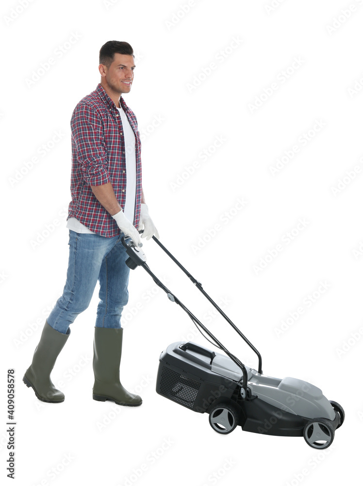 Man with modern lawn mower on white background Man with modern lawn mower on white background