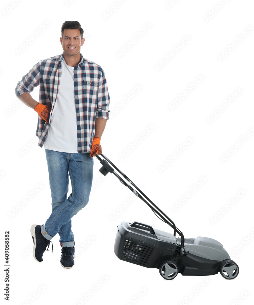 Man with modern lawn mower on white background Man with modern lawn mower on white background