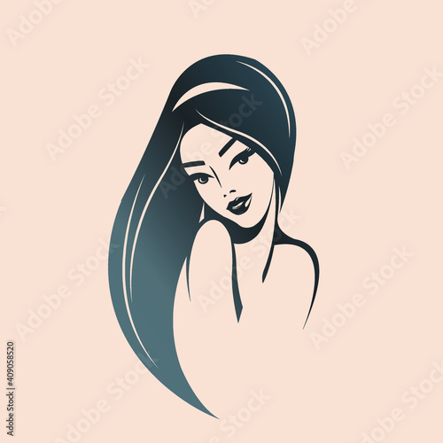 Hair salon and beauty studio illustration.Long, wavy hairstyle woman with elegant makeup.Cosmetics and spa icon isolated on light fund.Young lady portrait.Beautiful model face.Luxury, glamour style.