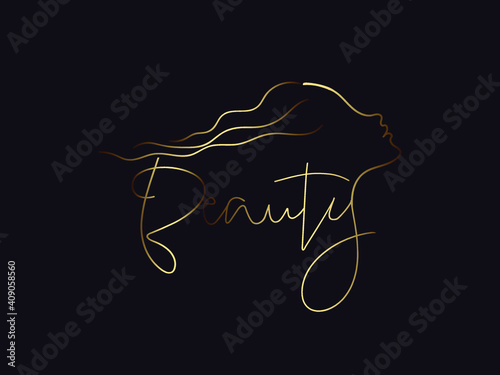 Hair salon, beauty studio illustration.Long, wavy hairstyle woman word mark.Cosmetics and spa lettering isolated on dark fund.Young lady portrait.Beautiful model face.Luxury,glamour style.Gold lines.