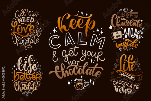 Chocolate hand lettering quotes set. Warm Christmas winter word composition. Vector design elements for t-shirts  posters  cards  stickers and menu