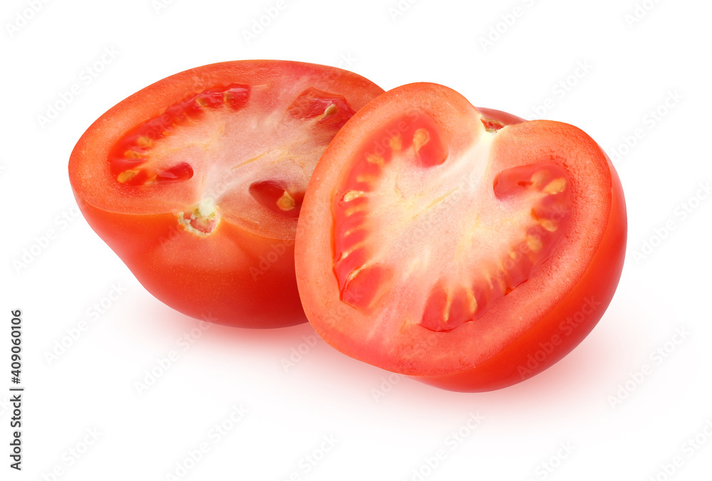 halves of red tomato, isolated on a white halves of red tomato, isolated on a white