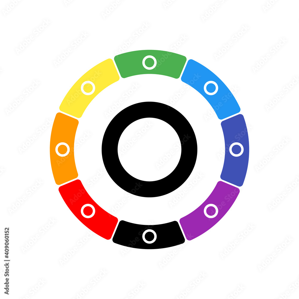 A large black circle symbol in the center, surrounded by eight white symbols on a colored background. Background of seven rainbow colors and black. Vector illustration on white background A large black circle symbol in the center, surrounded by eight white symbols on a colored background. Background of seven rainbow colors and black. Vector illustration on white background