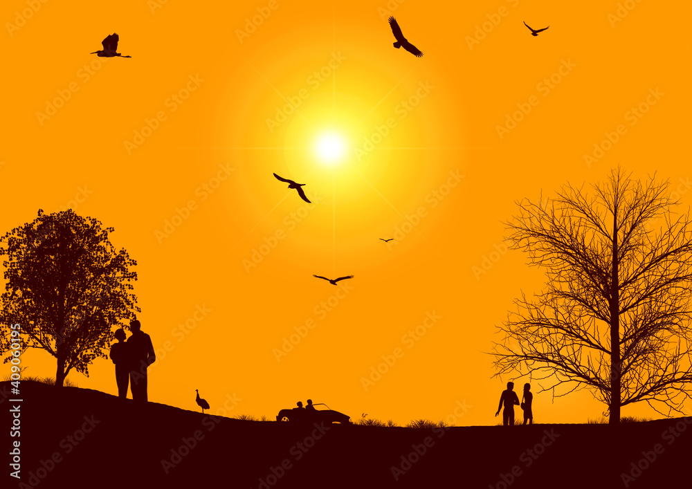 silhouette of a couple, trees and birds—enjoying dusk period.