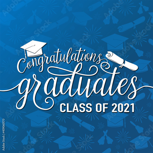 Congratulations graduates 2021 class of vector illustration on seamless grad background, white sign for the graduation party. Typography greeting, invitation card with diplomas, hat, lettering