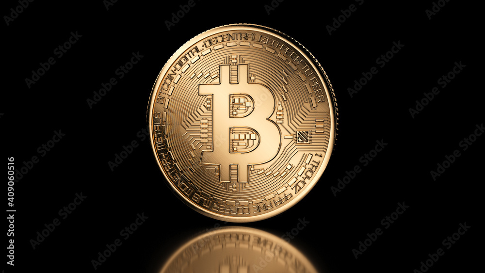 Golden bitcoin coin on black reflective background. Popular digital currency. Cryptocurrency created, distributed, traded, and stored in decentralized ledger system known as a blockchain. Golden bitcoin coin on black reflective background. Popular digital currency. Cryptocurrency created, distributed, traded, and stored in decentralized ledger system known as a blockchain.