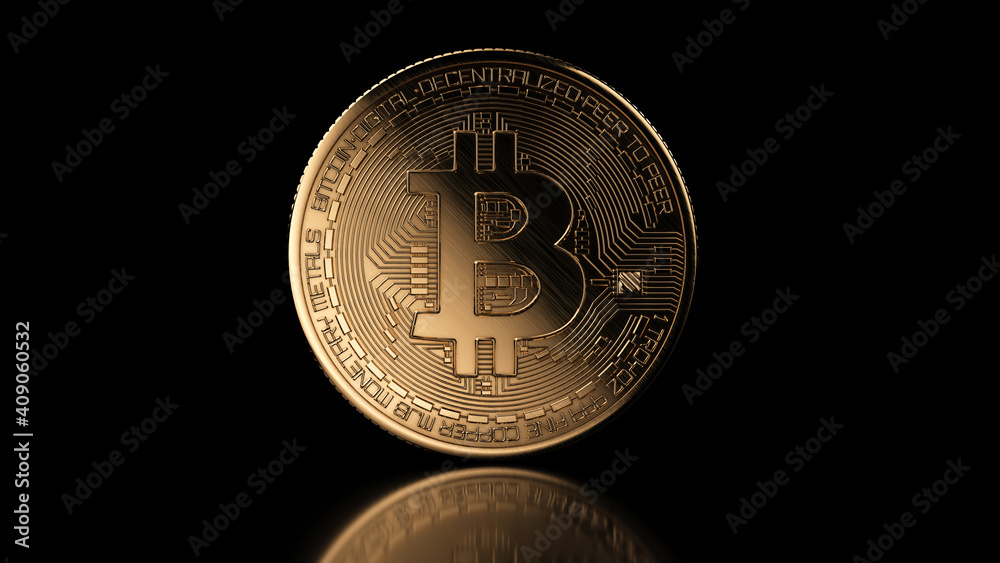 Golden bitcoin coin on black reflective background. Popular digital currency. Cryptocurrency created, distributed, traded, and stored in decentralized ledger system known as a blockchain. Golden bitcoin coin on black reflective background. Popular digital currency. Cryptocurrency created, distributed, traded, and stored in decentralized ledger system known as a blockchain.