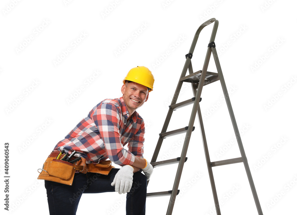 Professional constructor near ladder on white background Professional constructor near ladder on white background